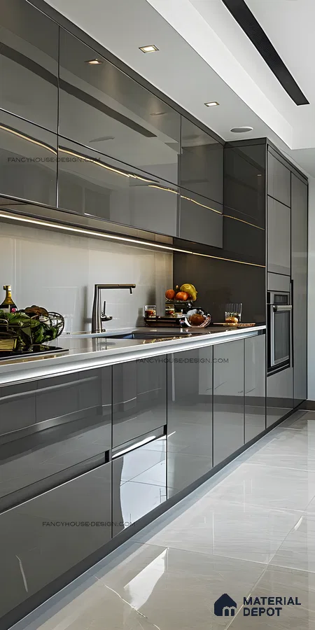 High-Gloss Grey Acrylic Kitchen With Seamless Cabinets And Reflective Finishes | Material Depot