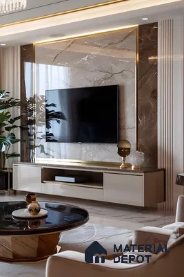 High-Gloss Marble Tv Wall With Warm Gold Accents And Sleek Luxury | Material Depot