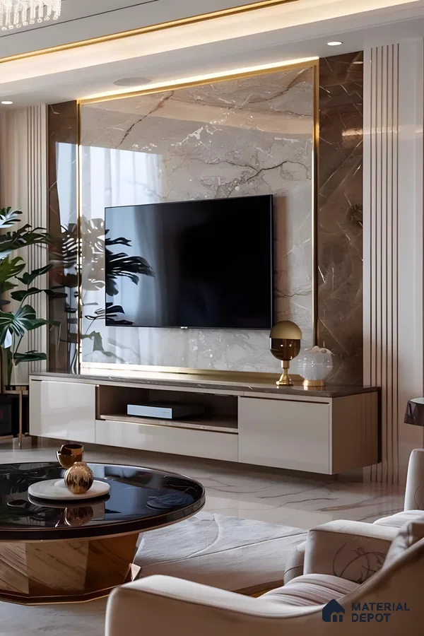 High-Gloss Marble Tv Wall With Warm Gold Accents And Sleek Luxury | Material Depot
