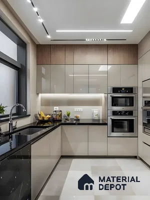 High-Gloss Modular Kitchen With Beige Acrylic Cabinets, Black Quartz Countertops, And Built-In Stainless Steel Appliances | Material Depot