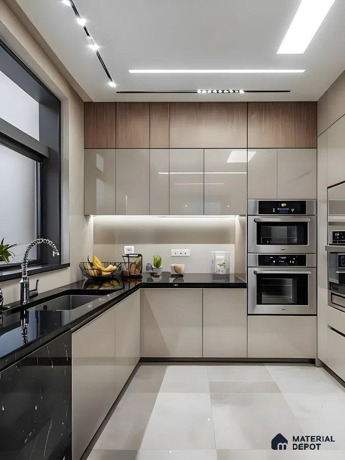 High-Gloss Modular Kitchen With Beige Acrylic Cabinets, Black Quartz Countertops, And Built-In Stainless Steel Appliances | Material Depot
