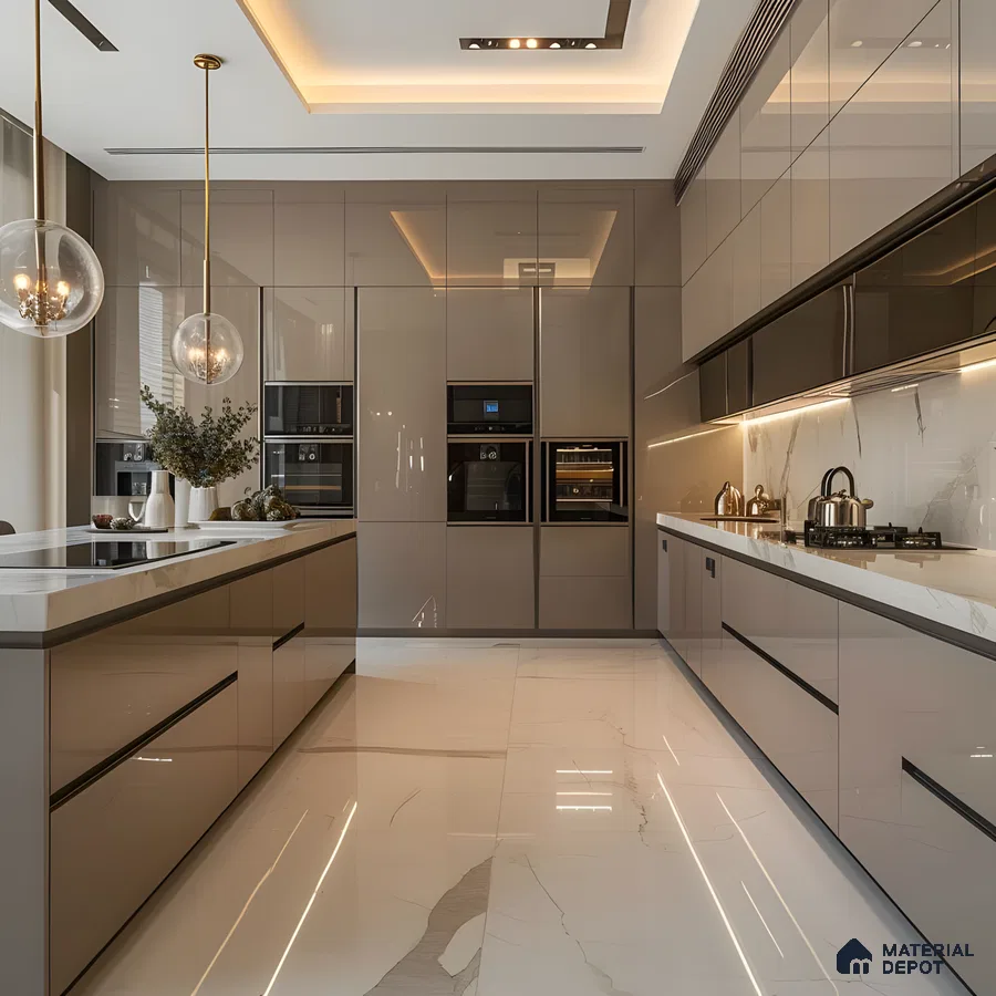 High-Gloss Modular Kitchen With Marble Countertops And Pendant Lighting | Material Depot