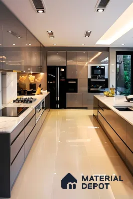 High Gloss Parallel Kitchen With Marble Accents And Taupe Elegance | Material Depot
