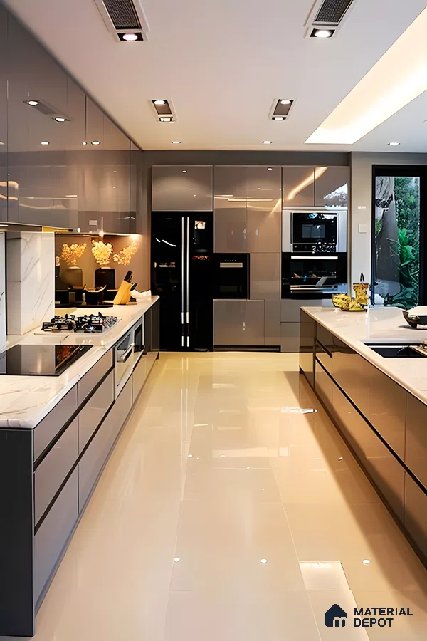 High Gloss Parallel Kitchen With Marble Accents And Taupe Elegance | Material Depot