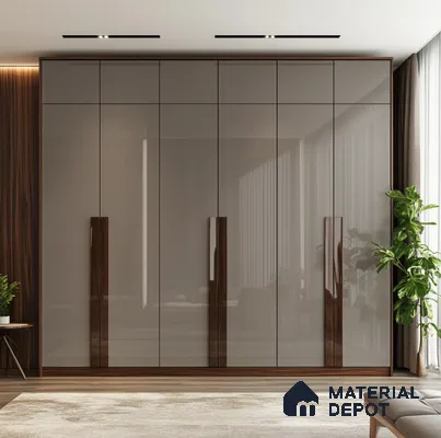 High-Gloss Taupe Laminate Wardrobe with Wooden Accents for Master Bedroom | Material Depot