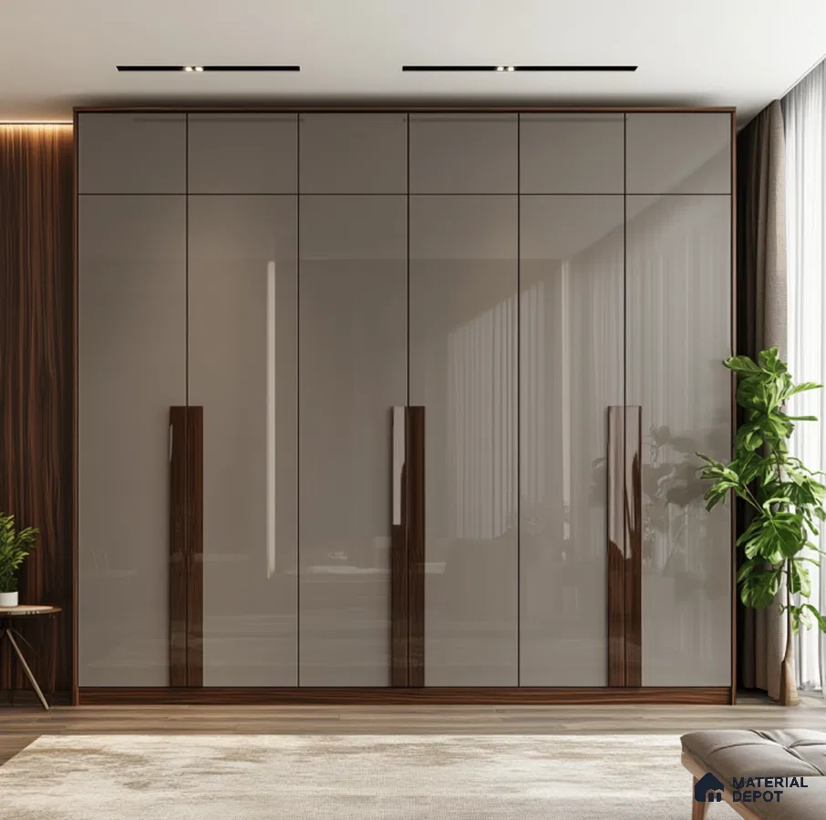 High-Gloss Taupe Laminate Wardrobe with Wooden Accents for Master Bedroom | Material Depot