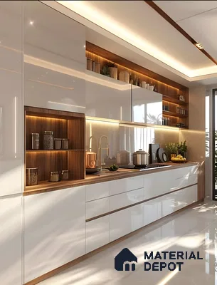 High-Gloss White Modular Kitchen With Warm Walnut Niches, Ambient Lighting, And Seamless Handle-Free Cabinets | Material Depot