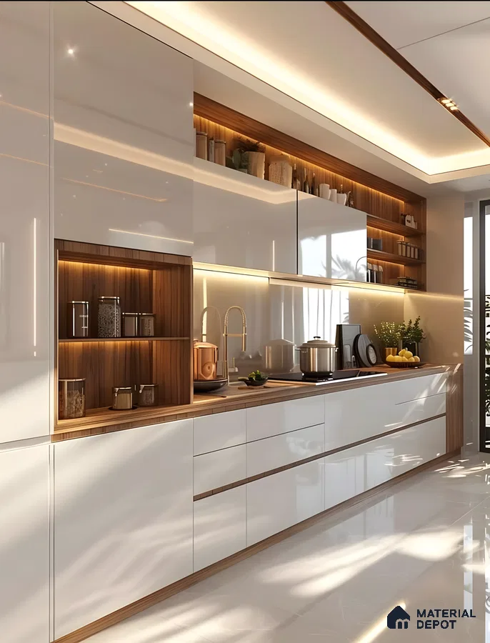 High-Gloss White Modular Kitchen With Warm Walnut Niches, Ambient Lighting, And Seamless Handle-Free Cabinets | Material Depot
