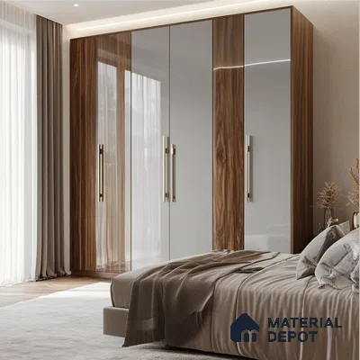 High Gloss Wood and Grey Wardrobe for a Luxurious Modern Bedroom | Material Depot