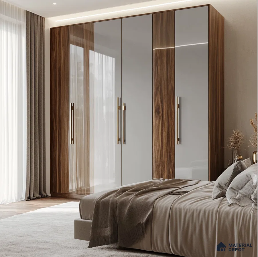 High Gloss Wood and Grey Wardrobe for a Luxurious Modern Bedroom | Material Depot
