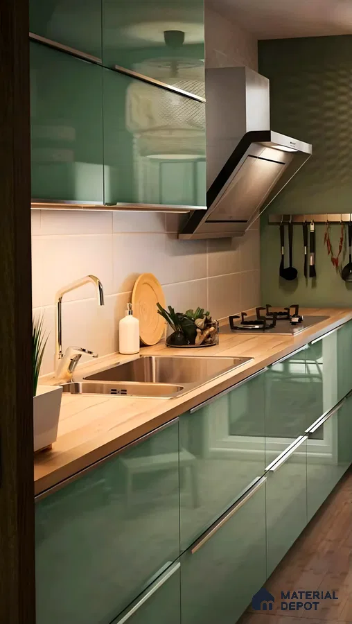 High Green Gloss Cabinets Kitchen | Material Depot
