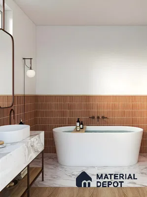 High Wooden Ceiling With Grey Subway Bathroom Style | Material Depot