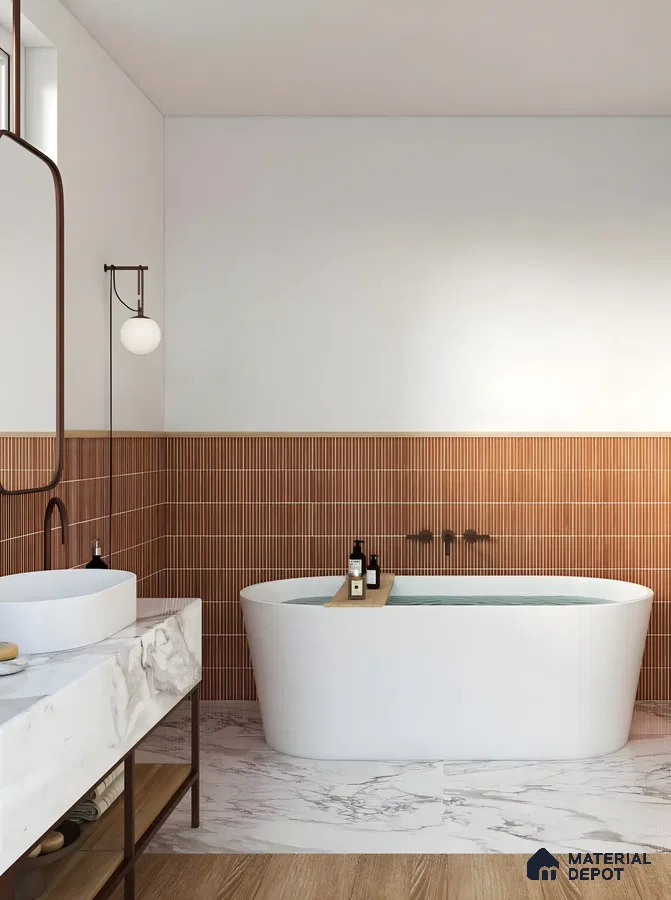 High Wooden Ceiling With Grey Subway Bathroom Style | Material Depot