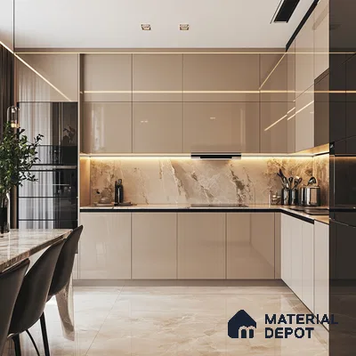 High-End Kitchen Design with Marble Feature Wall and Sleek Black Cabinets | Material Depot