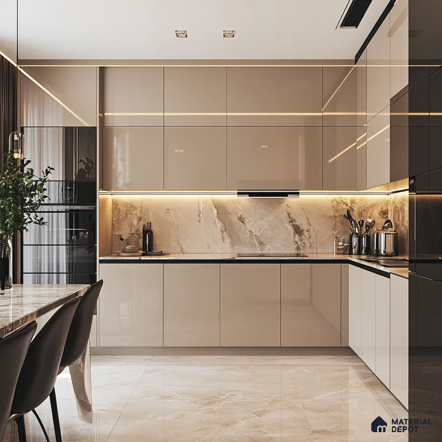 High-End Kitchen Design with Marble Feature Wall and Sleek Black Cabinets | Material Depot