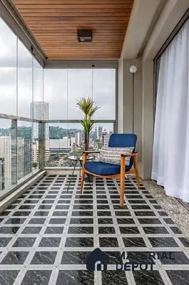 High-Rise Balcony with Glass Sliding Panels, Teak-Finish Ceiling & Checker Marble Tiles | Material Depot