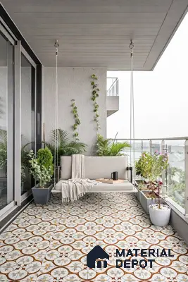 Scandinavian balcony with patterned moroccan floor tiles and textured grey wall