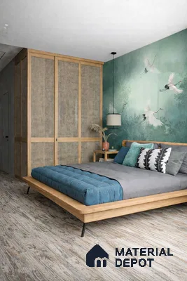 Japandi bedroom with natural wood bed, cane wardrobe shutters, and green chinoiserie wallpaper