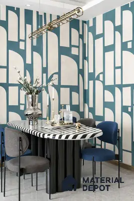 Art Deco dining room with geometric wallpaper and black-and-white striped dining table