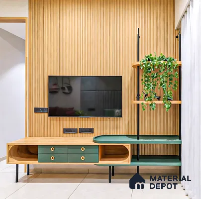 Scandinavian TV unit with oak wood fluted wall panels and sage green laminate shelves