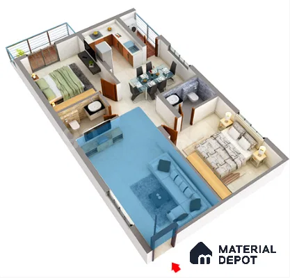 Modern living room with light blue sofa, glossy white floor tiles, and open plan layout