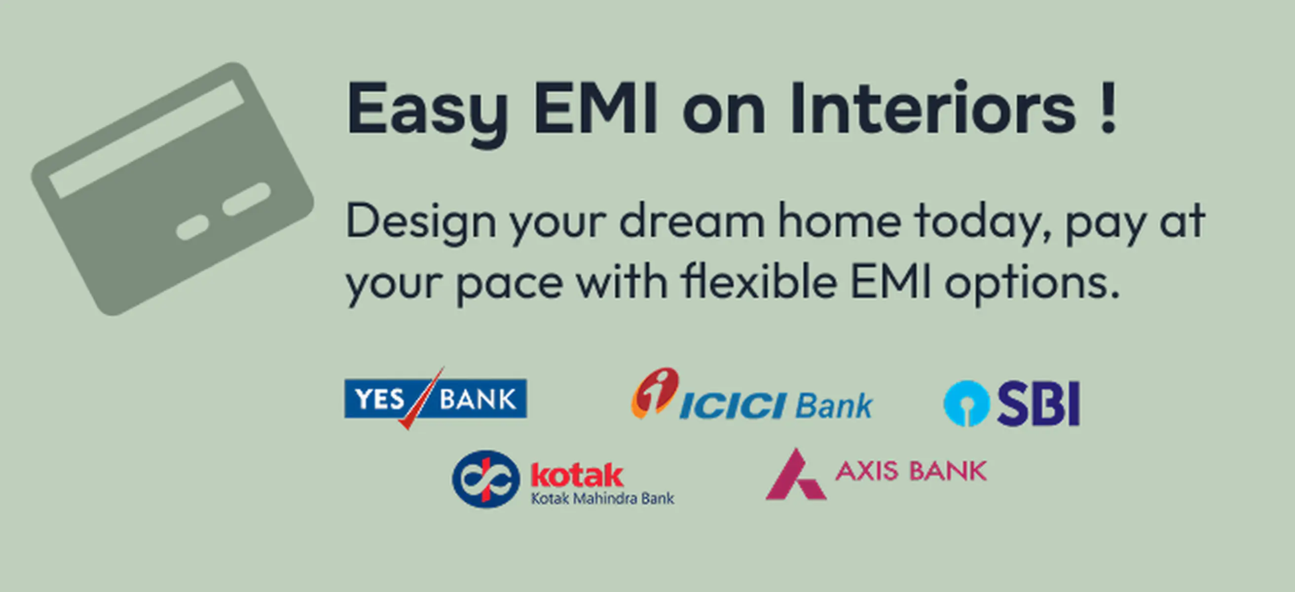 Credit card icon with logos of banks offering EMI options: YES Bank, ICICI Bank, SBI, Kotak, and Axis Bank.