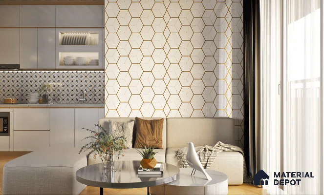 Stylish living room with honeycomb glass highlighter tile wall