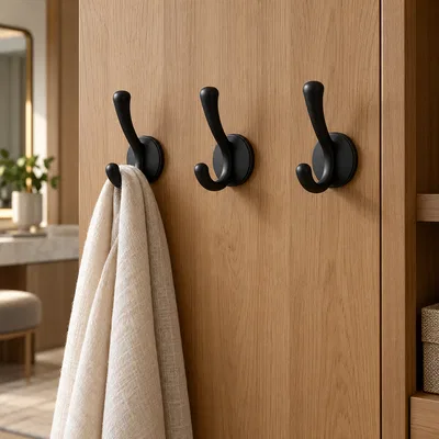 Hooks - three matte black wall hooks on an oak panel, one holding a linen towel