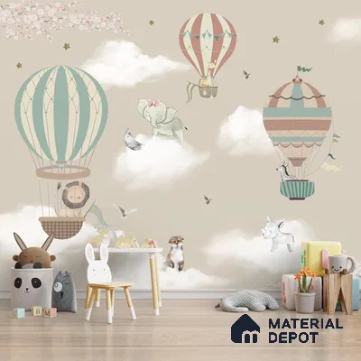 A close-up of a Hot Air Balloons with Animals Wallpaper for Kids Room Walls, Kids Wall Designs Sparkla N Shine Series Entertainment Design (Customised Size Wallpaper) with a finish available at Material Depot in Bangalore