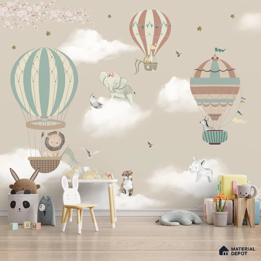 A close-up of a Hot Air Balloons with Animals Wallpaper for Kids Room Walls, Kids Wall Designs Sparkla N Shine Series Entertainment Design (Customised Size Wallpaper) with a finish available at Material Depot in Bangalore