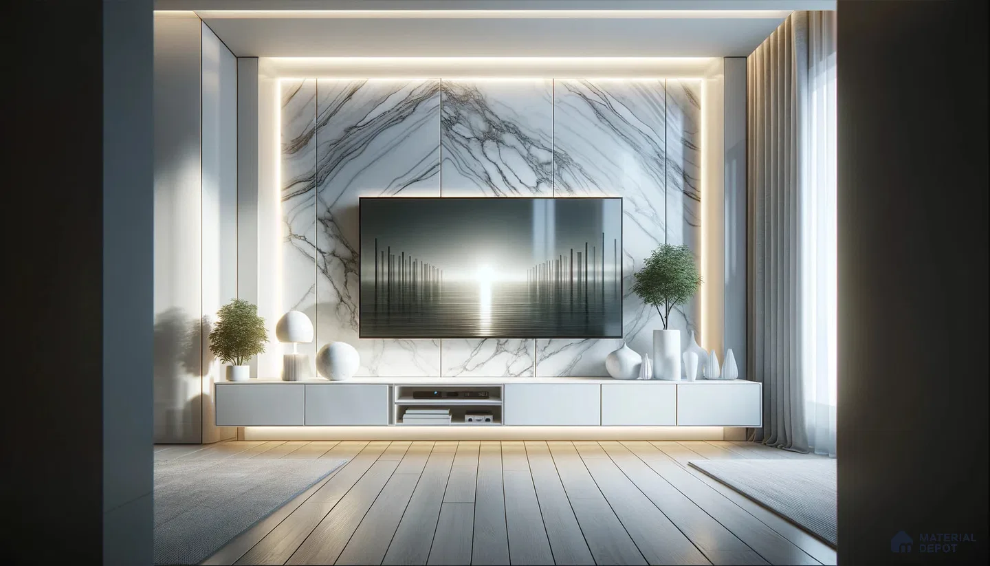 Illuminated Entertainment Space with Marble Accents and Soft Hues | Material Depot