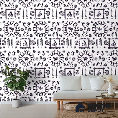 A close-up of a Black & White Indian Art Wallpaper for Rooms 19.6 Inches(W) x 420 Inches(H) Atarangi Series Patterned Patterned - 57 Sq. Ft. with a finish available at Material Depot in Bangalore