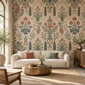 Indian-inspired floral wallpaper with paisley and block-print motifs in indigo, terracotta and sage green, shown in a modern living room.