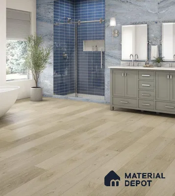Bathroom with blue tile and wooden flooring and green laminate