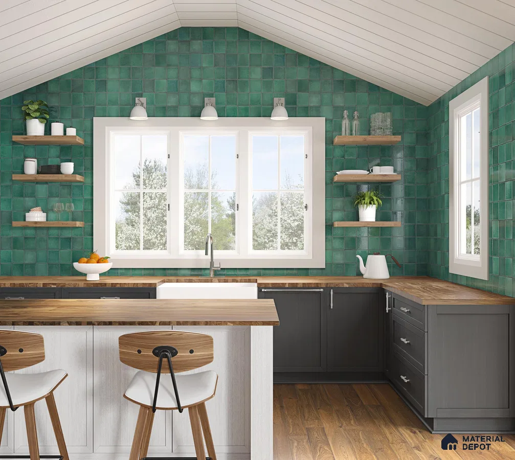 Kitchen with green tiles and wooden laminate