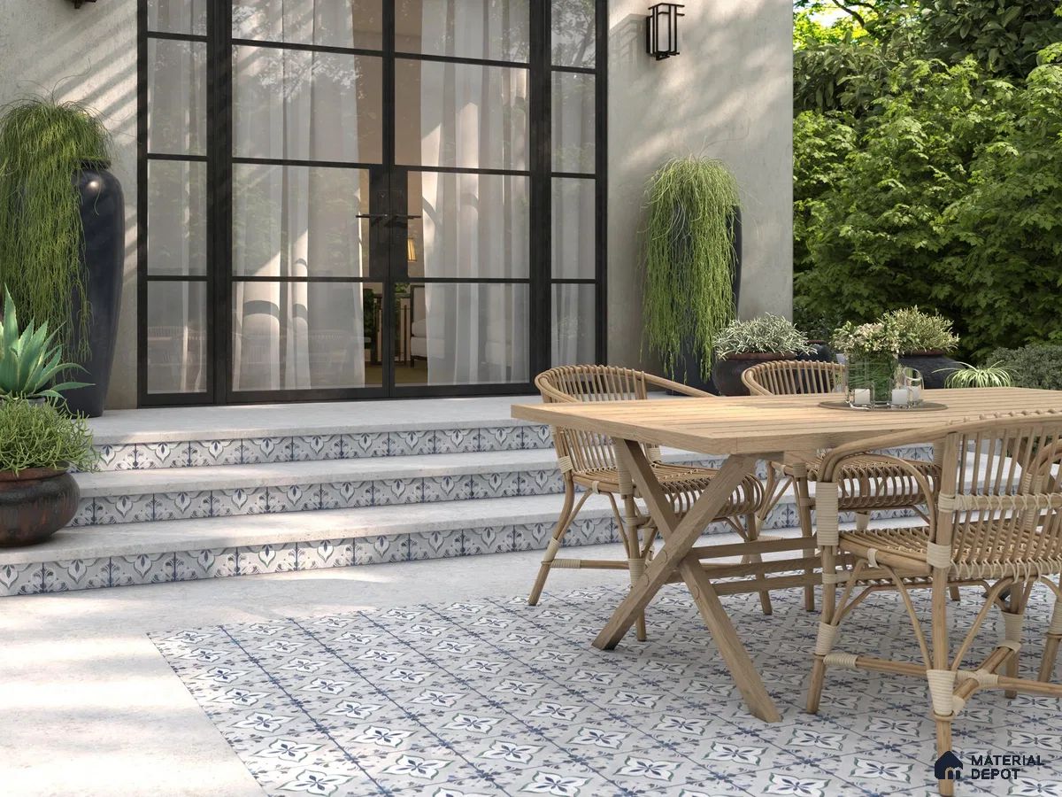 Outdoor place with patterned floor tiles
