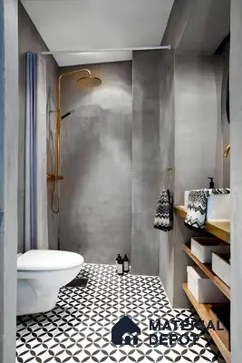 Industrial Chic Bathroom with Geometric Tiles and Gold Accents | Material Depot