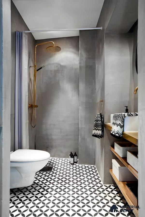Industrial Chic Bathroom with Geometric Tiles and Gold Accents | Material Depot