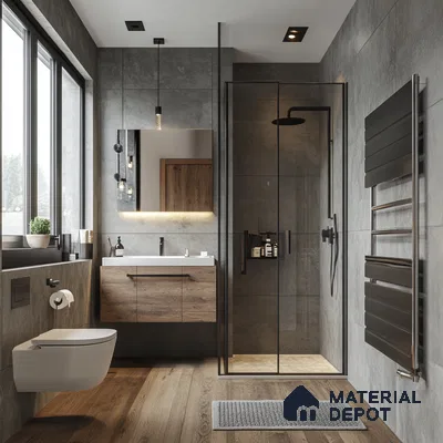Industrial Chic Bathroom with Natural Lighting and Wooden Accents | Material Depot