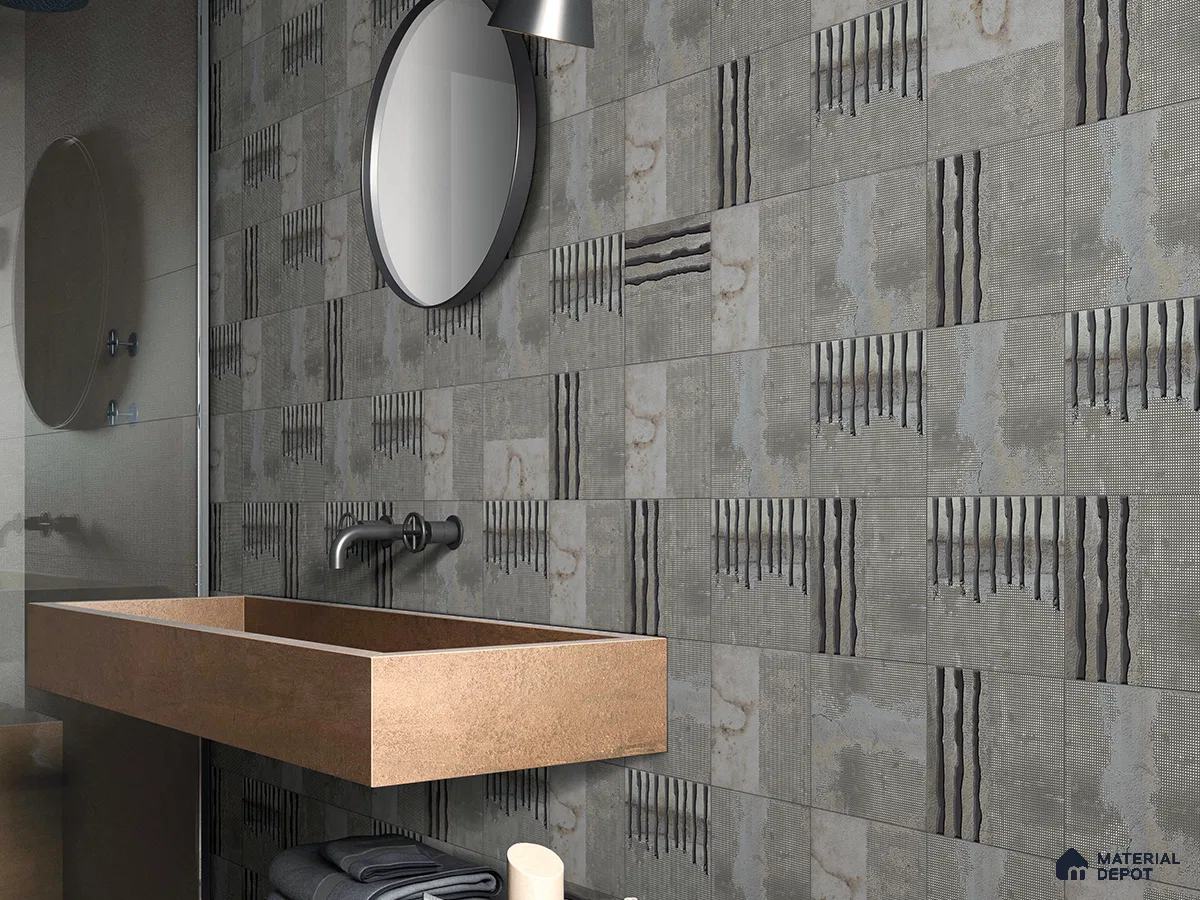 Industrial Chic Concrete Look Bathroom Tiles with Textured Accents | Material Depot