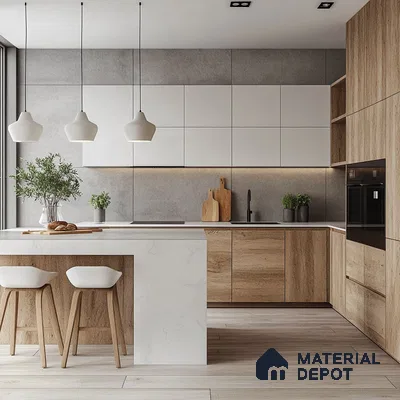 Industrial Chic Kitchen with Wood and White Cabinets, Concrete Wall, and Pendant Lighting | Material Depot