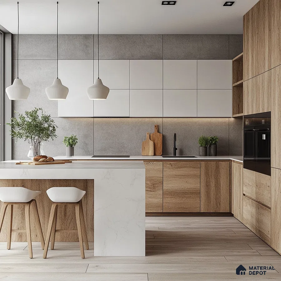 Industrial Chic Kitchen with Wood and White Cabinets, Concrete Wall, and Pendant Lighting | Material Depot