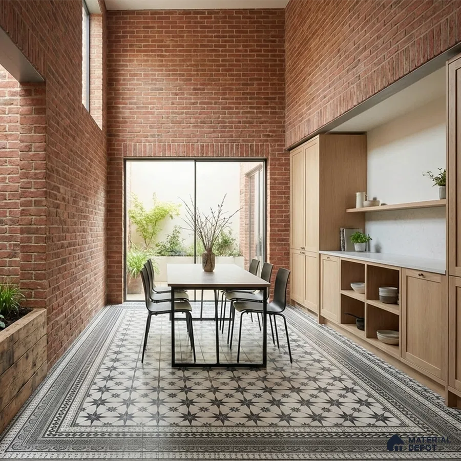 Industrial dining room with exposed brick walls, patterned encaustic floor tiles, and light oak cabinetry