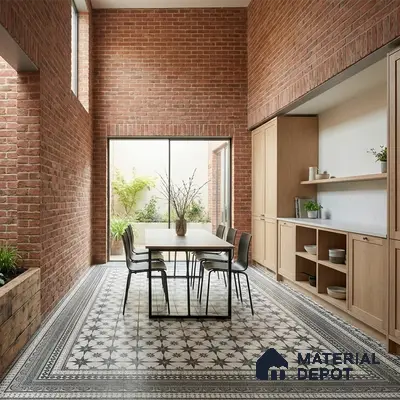Industrial dining room with exposed brick walls, patterned encaustic floor tiles, and light oak cabinetry