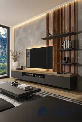 Industrial-Inspired Tv Wall With Concrete Finish, Fluted Wood Panel, And Black Floating Shelves | Material Depot