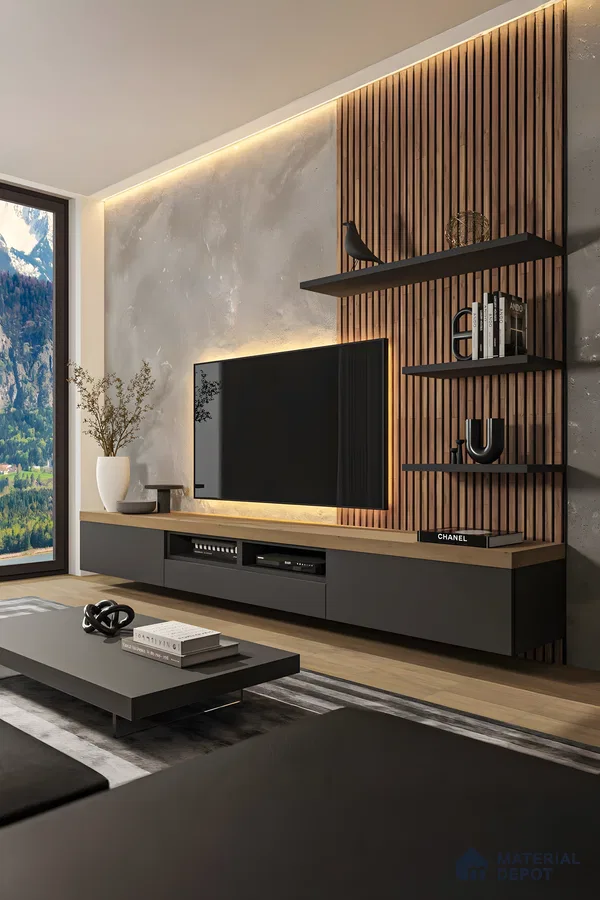 Industrial-Inspired Tv Wall With Concrete Finish, Fluted Wood Panel, And Black Floating Shelves | Material Depot