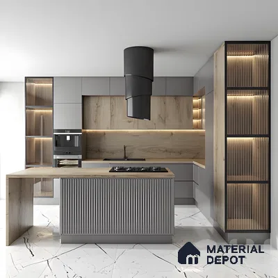 Industrial Kitchen With Fluted Island And Warm Wood Accents | Material Depot