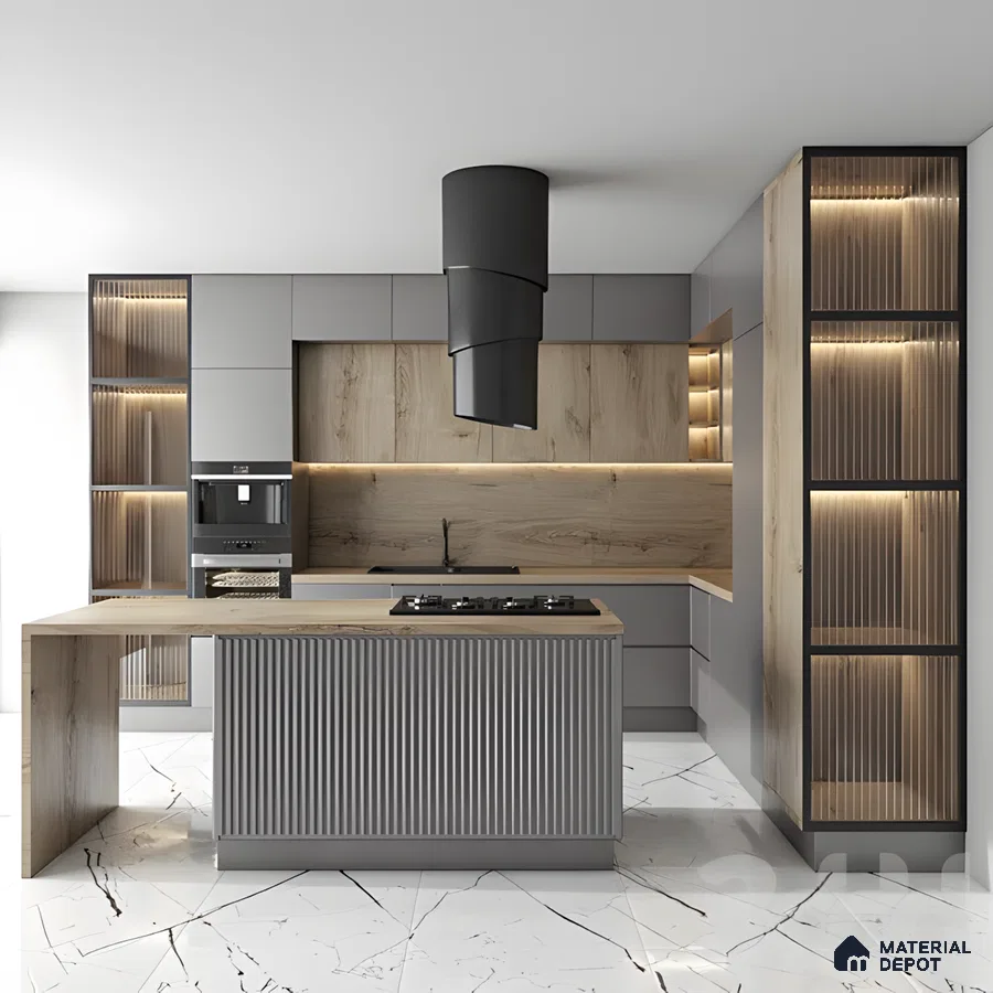 Industrial Kitchen With Fluted Island And Warm Wood Accents | Material Depot