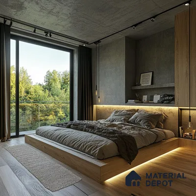Industrial-Chic Bedroom Design with Concrete Walls and Platform Bed Brigade Calista Budigere Cross | Material Depot