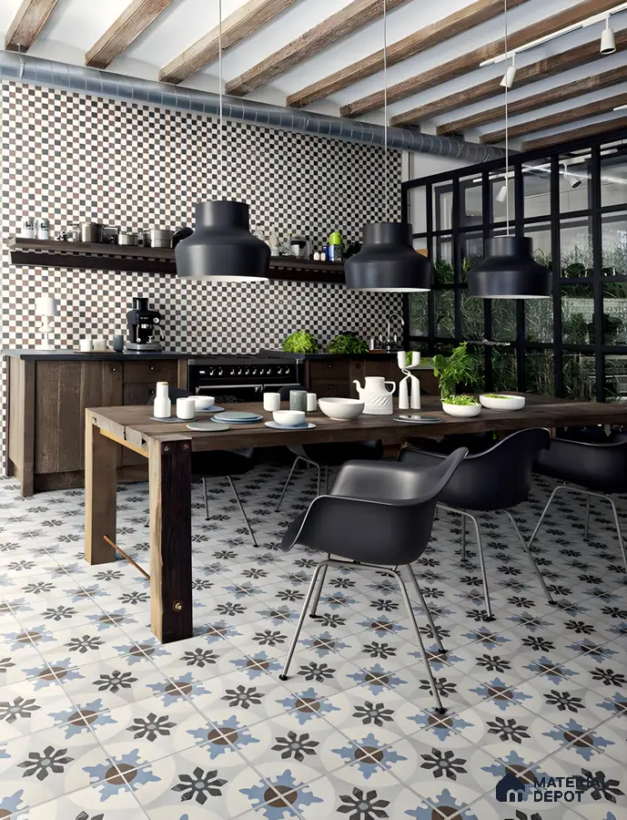 Industrial-Chic Kitchen with Patterned Floor Tiles | Material Depot